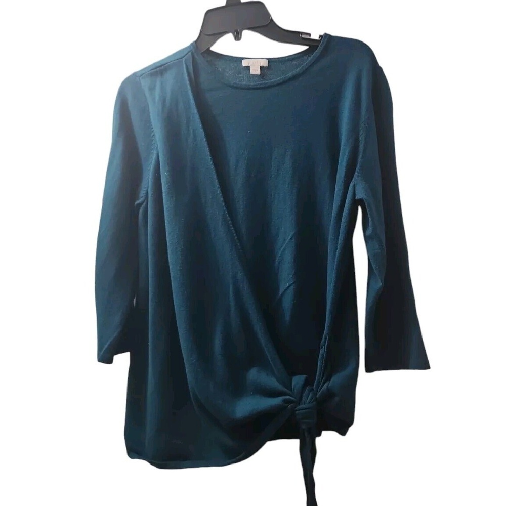 J. Jill Tie-Front Top Teal Green Long Sleeve Knit Blouse Size Medium